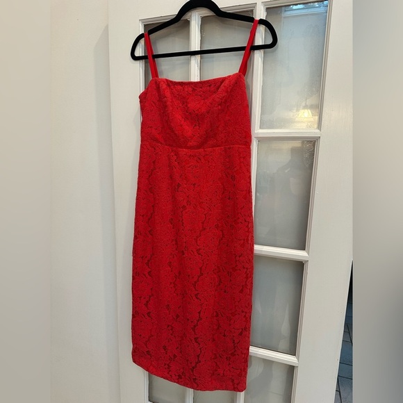Fame and Partners The Max Midi Dress in Red Lace Sheath Chic Cocktail Size 8 Med - Picture 6 of 16